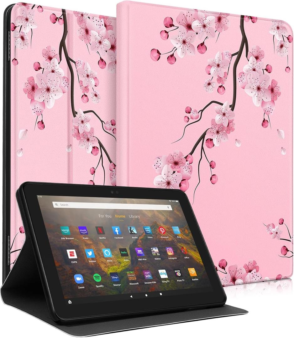for Amazon Kindle Fire HD 8/8 Plus Tablet Case 10th/12th Generation for Women Girls Folio Cover Cute Fashion Design Girly Floral Flower Kawaii Pretty Unique Cases for Kindle Fire Case 8 Inch (3-Plum Blossom)