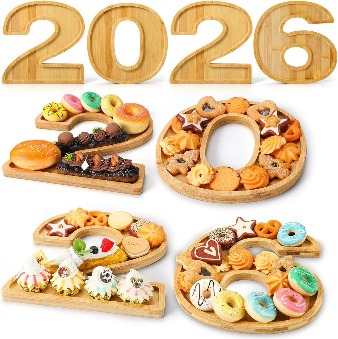 GlikCeil 4 Pcs 2026 Graduation Charcuterie Wooden Tray Reusable Serving Trays Fillable Food Serving Dishes for Cake Candy Chocolate Cheese Grad Party Anniversary Decoration(2026 Shaped)