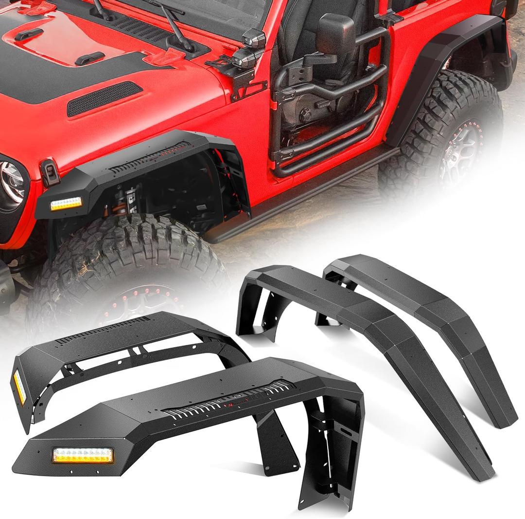 Nilight JL JLU Wide Flat Front & Rear Fender Flares for 2018-2025 Jeep Wrangler JL&JL Unlimited 2/4Doors (No fit 2020+ Gladiator JT) 4Pcs Off-Road Wheel Fenders w/LED Lights Turn Signal Lights DRL