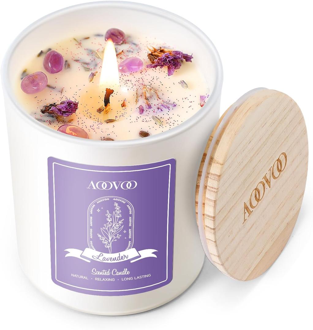 AOOVOO Lavender Scented Candles for Women - Aromatherapy Candle with Crystals Inside, 7oz Soy Candles for Home Scented, Birthday Gifts Christmas Candle for Women Mom