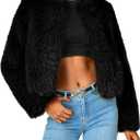 PRETTYGARDEN Women's 2026 Winter Coats Fleece Cropped Jacket Faux Fur Long Sleeve Pockets Shaggy Warm Outerwear Fall Clothes (Large, Black)