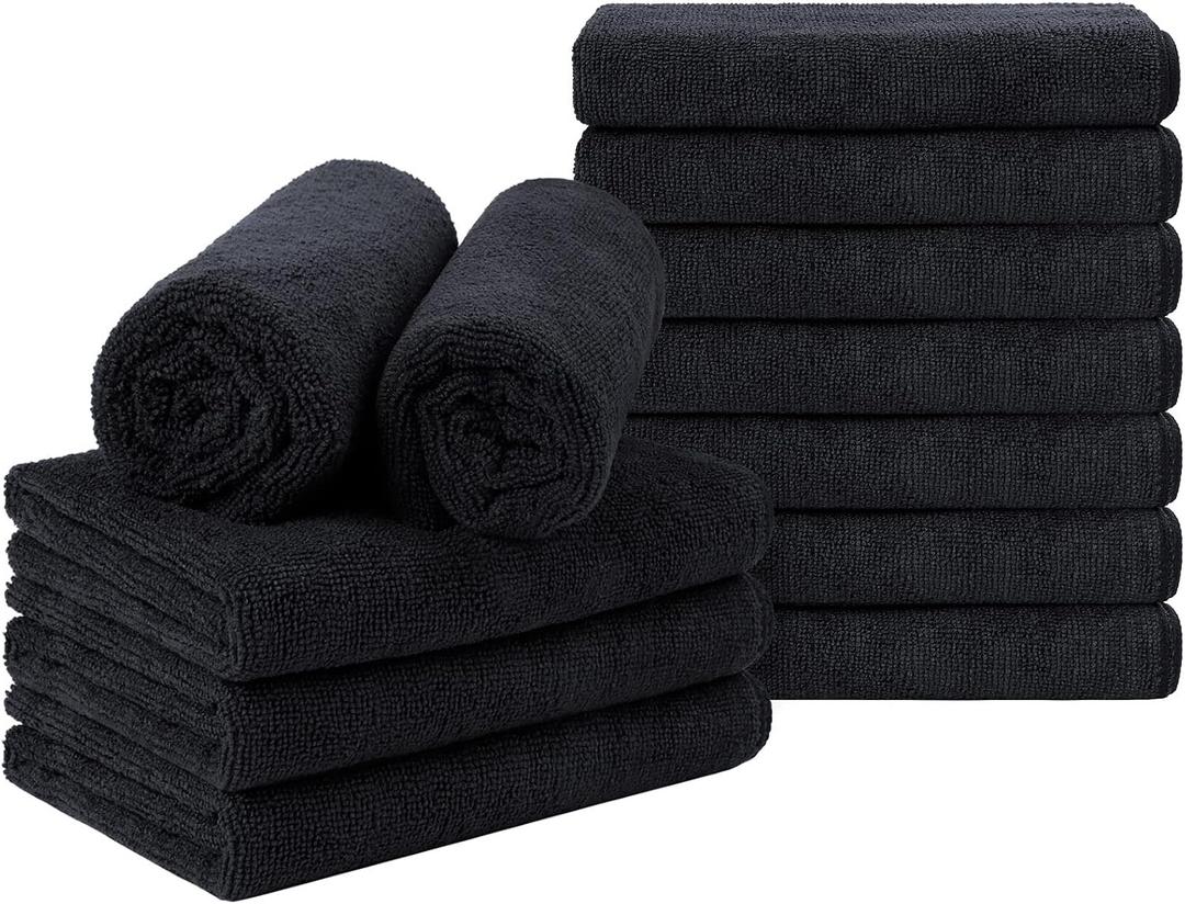 Orighty Black Salon Towel, Pack of 12 (Not Bleach Proof, 16 x 29 Inches) Super Soft and Absorbent Microfiber Hair Salon Towels for Salon, Hand, Gym, Bath, Spa and Home Hair Care