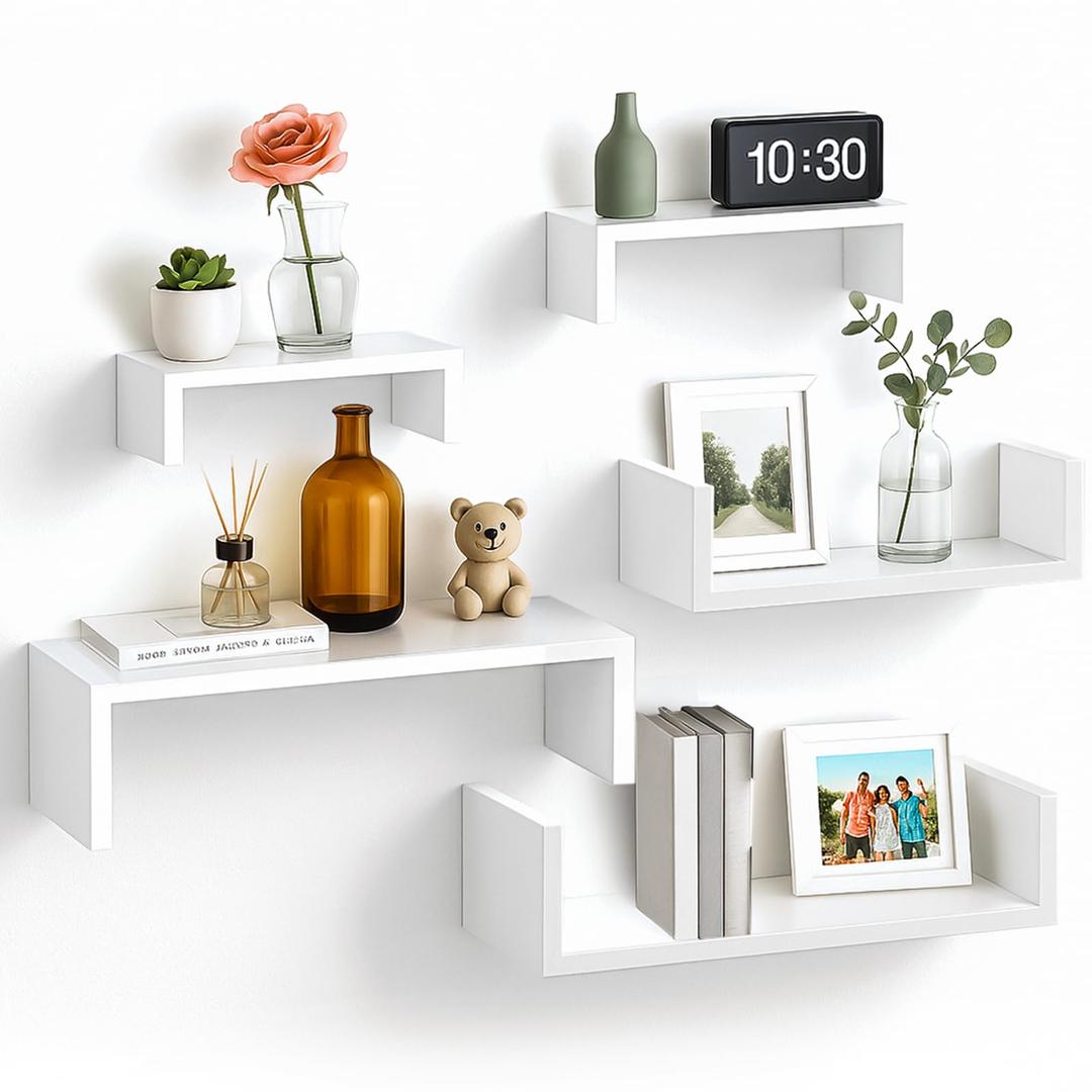 Floating Wall Shelves Set of 5– MDF Wood Wall Mounted Shelf for Living Room, Bedroom, Bathroom, Office – Decorative Storage Racks for Plants, Photos, Books (White, Medium Set)