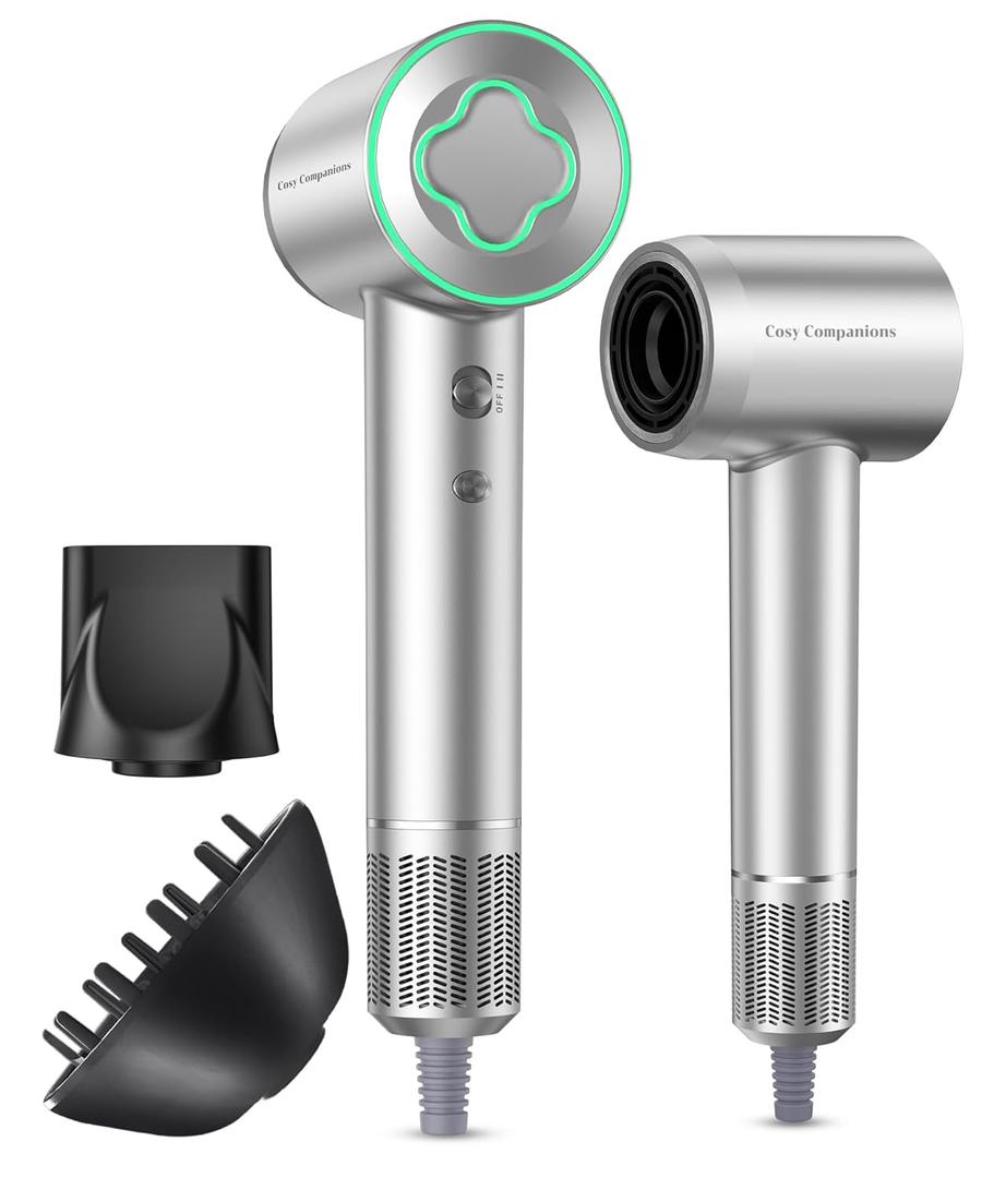 High-Speed Ionic Hair Dryer, 150000 RPM Brushless Motor for 2-5Min Fast Drying, Low Noise Blow Dryer Reduces Frizz & Heat Damage, Lightweight Hair Dryer with Diffuser & Nozzle, Silvery