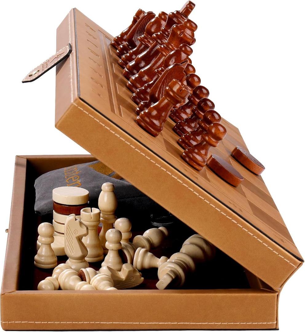 2 in 1 Magnetic Chess Set & Checkers Board Game, 15" Handmade Folding Chess Board, Portable Travel Chess Set, Beginner Chess Board Game for Adults & Kids (15 Inch) (Light Brown)