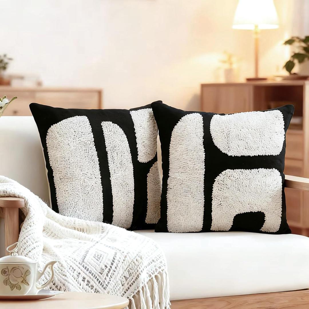 2 Pcs Black White Throw Pillow Covers Boho Chunky Tufted Pillow Cover 18 x 18 Inches Modern Woven Decorative Pillows Cases Abstract Pillows Sham for Living Room Bed Sofa Couch