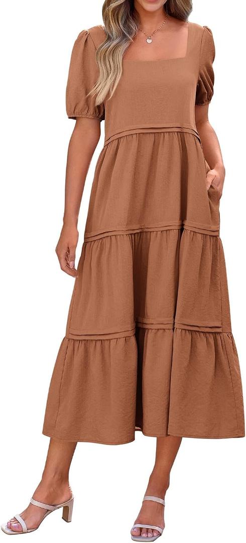 KIRUNDO Women Summer Dresses 2025 Spring Fashion Boho Puff Sleeve Square Neck Pocketed Loose Fit Tiered Flowy Maxi Dress (Orange, L)