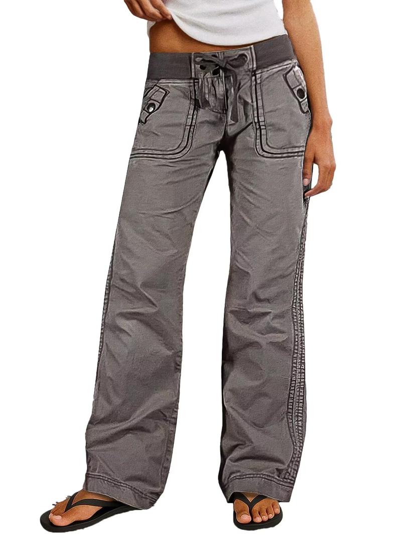 Flamingals Straight Leg Pants for Women Drawstring Waist Mid Rise Casual Solid Seam Detail Pants Gray M