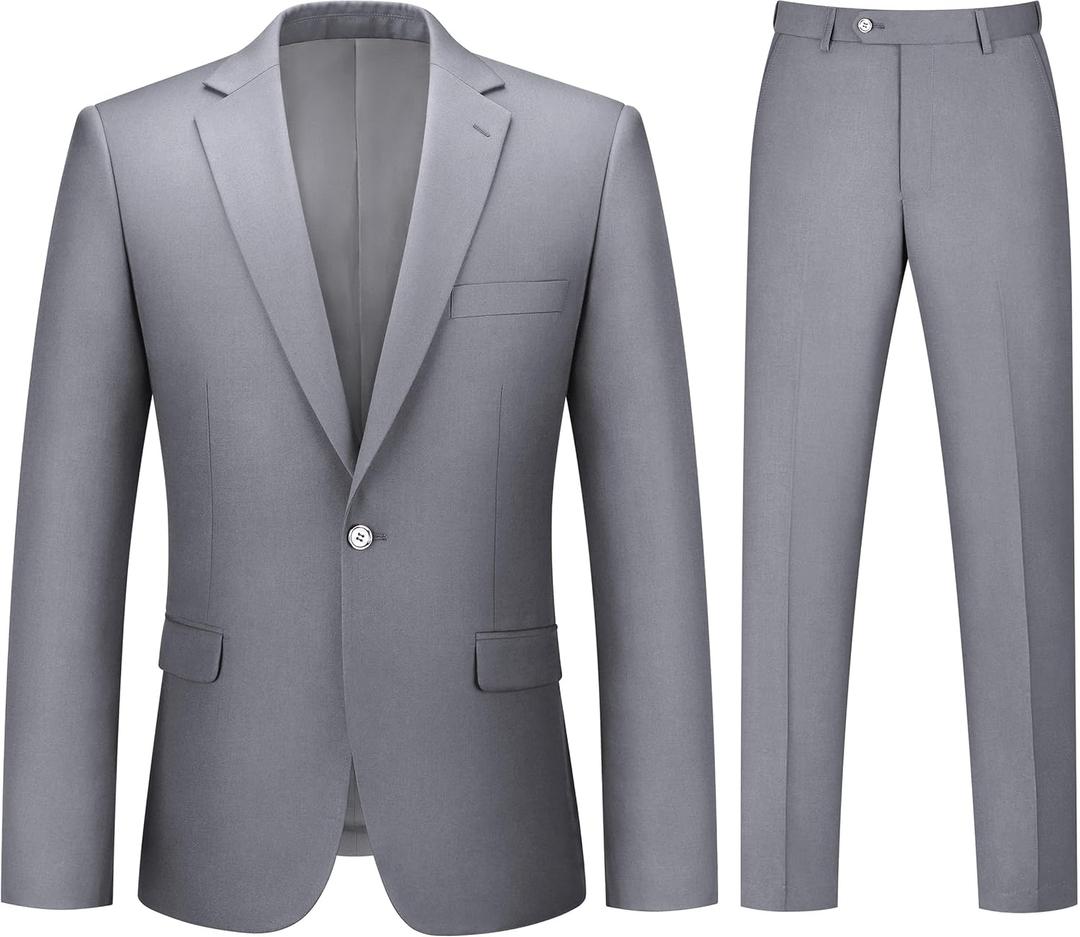 Mens Suit 2 Piece Suits for Men One Button Slim Fit Solid Jacket & Pants Tuxedo Set Business Wedding Party (Large, Light Gray)