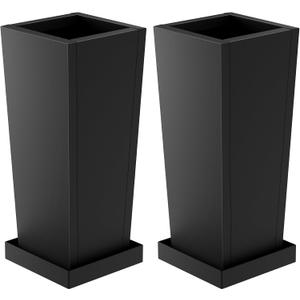 Metal Tall Outdoor Planters Set of 2, 30 inch Durable Tall Planters with Rust-Proof Coating & Drainage Insert Shelve & Trays, Black Outdoor Planters for Porch, Garden, Patio, Yard