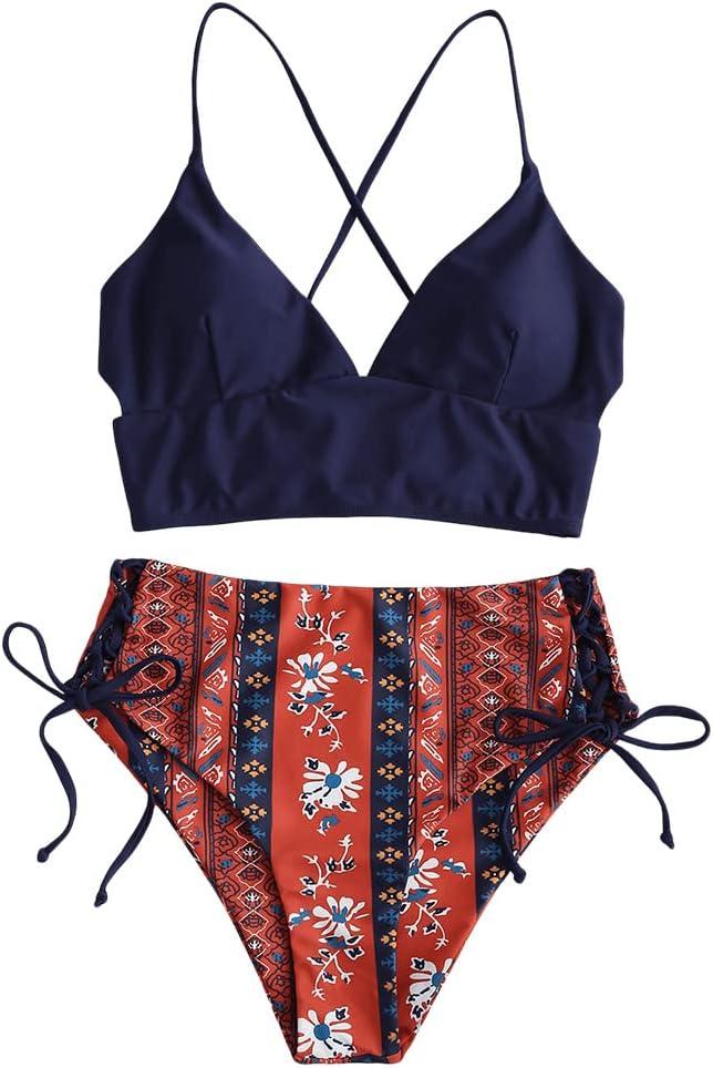 ZAFUL Women Tankini Set, Ribbed High Cut Surplice Swimsuit Bathing Suit with Spaghetti Straps (X-Large, 4-deep Blue-Boho)