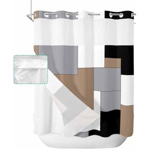 Modern Abstract Art Brown Grey White Color Blocks No Hook Shower Curtain with Snap in Liner Waterproof Fabric Shower Curtain Set for Bathroom Tubs Curtains with See Through Top Window 72"x72"