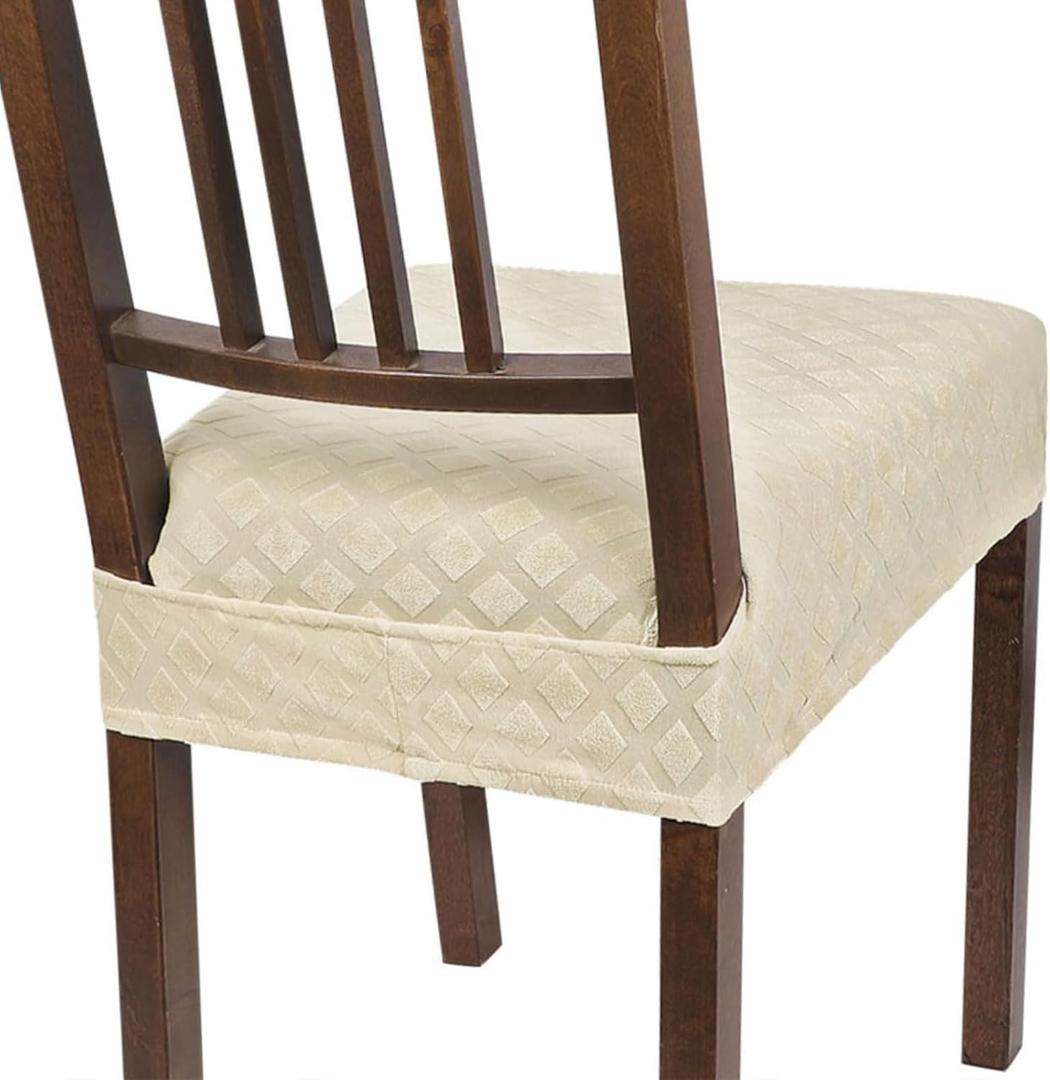 SearchI Stretch Dining Chair Seat Covers Set of 4, Soft Removable Washable Seat Covers for Dining Chairs, Dining Room Seat Cover Slipcover Protector (Rear-Covered, Beige Diamond Jacquard)