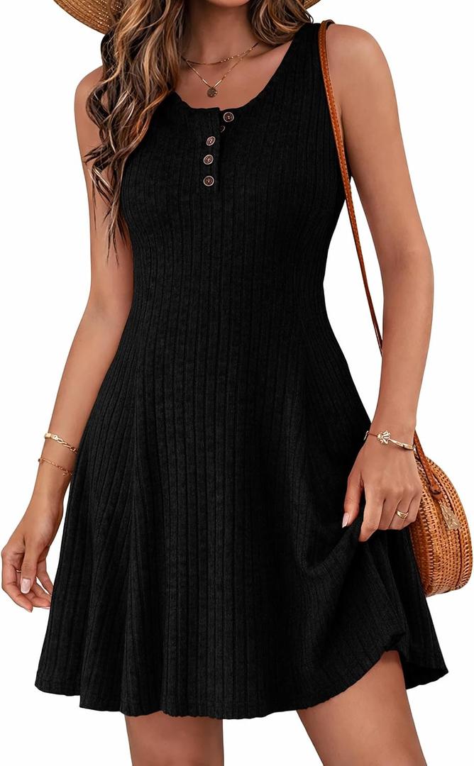 Lazysmile Summer Sleeveless Dresses for Women Crewneck Button Down Ribbed Knit A Line Casual Short Dress, XL