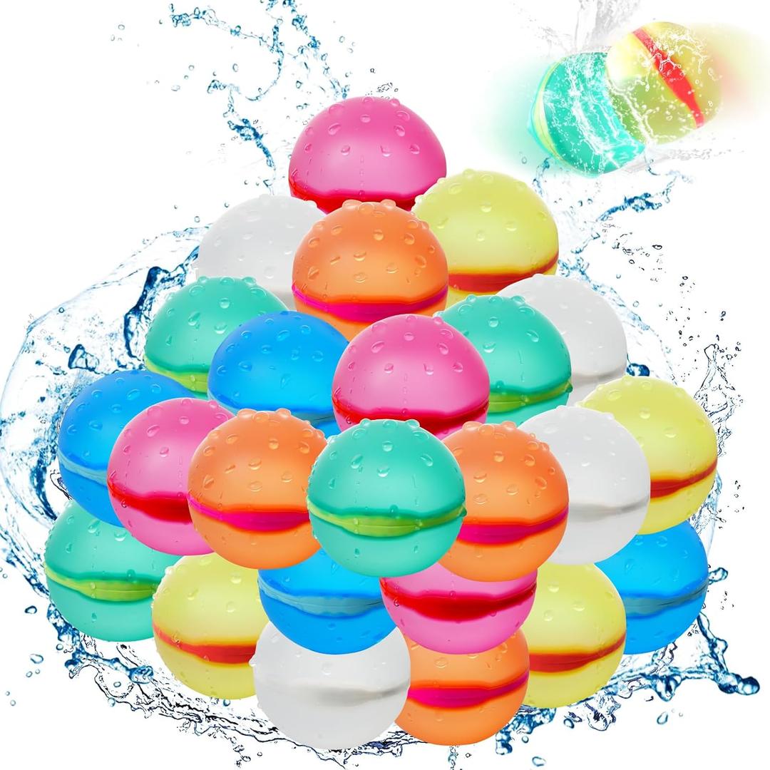24 Pcs Reusable Water Balloons, Self-Sealing Refillable Water Balls, Pool Toys for Kids Ages 4-14, Pool Beach & Outdoor Water Ballons
