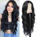 Colorful Queen 26 Inch Long Wavy Synthetic Lace Wig for Women Natural Looking Middle Part Black Wig for Daily Party Use Halloween Cosplay