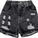 Floerns Girl's Ripped Raw Hem Elastic Waist Straight Leg Denim Shorts with Pockets (Dark Grey ,10 yrs old)