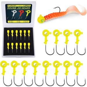 THKFISH Jig Heads Kit, 12PCS Crappie Jig Heads for Fishing, Jig Heads Hook with Round Scent Holder, Jigs for Crappie Bass Fishing, 3/16OZ, White Yellow Red