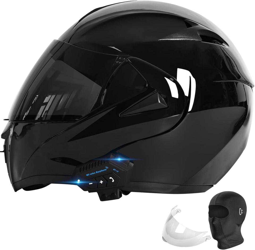 Bluetooth Modular Motorcycle Helmet DOT/ECE Approved Full Face Flip up Anti-Fog Double Visor Helmet Built-in Dual Speaker with Microphone for Adult Men and Women (Small, Bright black)