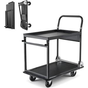 VEVOR Heavy Duty 2 Tier Foldable Platform Hand Truck, 700 lbs Push Tool Cart with High-Strength Steel, Folding Utility Cart for Warehouse, Garage, Workshop, Office
