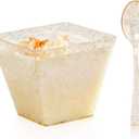 bUCLA 100Pack Square Small Dessert Cups-3oz Disposable Gold Glitter Plastic Bowls-100pack Mini Tasting Spoons-Great for Tasting Party Desserts Appetizers, 100pcs Dessert Cups And 100pcs Mini Spoons