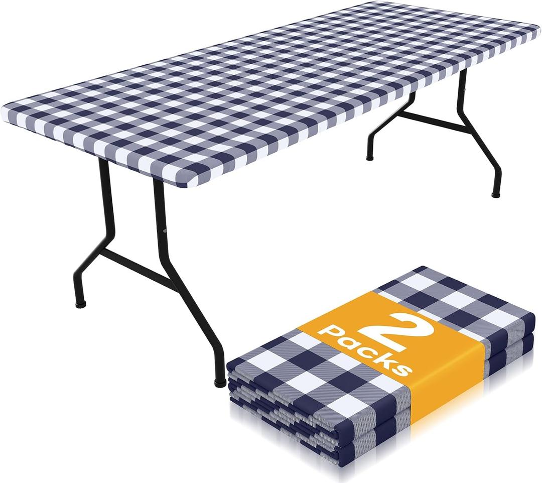 Smiry Picnic Table Cloth 2 Pack, Waterproof Elastic Fitted Tablecloths for 6FT Rectangle Tables, Washable Polyester Buffalo Plaid Tablecloth for Camping, Dining & Outdoor (Navy & White, 30" x 72")