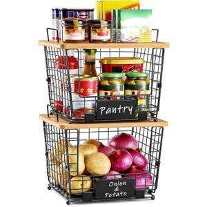 2 Set Large Stackable Wire Basket with Bamboo Tops & Tag- Pantry Organizer and Storage Bins, Kitchen Counter Cabinet Shelf Countertop Under Sink Organizing for Food Snack Produce Onion Potato Bread