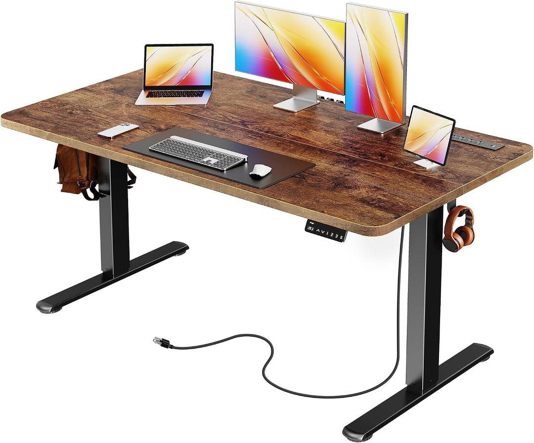 Huuger Electric Standing Desk with Power Outlets and USB-C Port, 55 X 24 Inch Height Adjustable Desk, Sit Stand Desk for Home Office, Computer & Gaming Desk with 4 Presets, Rustic Brown