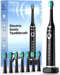 Bymore Electric Toothbrush for Adults, Sonic Rechargeable Toothbrush with 8 Brush Heads, 330-Day Battery, 5 Cleaning Modes & 2-Min Timer, Travel-Friendly Ultra Clean Design – Black