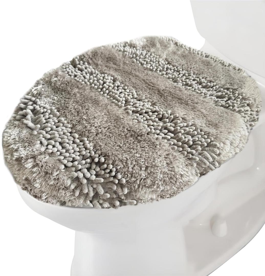 Soft Chenille Microfiber Bathroom Toilet Lid Cover, Machine Washable Seat Covers, 22.8 x 19.7'', Stays in Place Rubber Backing, Fits Most Round, Elongated and Oblong Lids, Accessories Decor