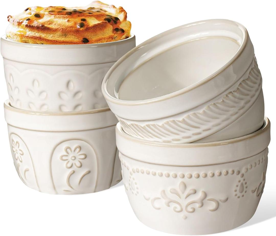 Artena Ramekins Oven Safe, Creme Brulee Ramekins, Embossed White Ceramic Ramiken, Souffle Pudding Custard Cups, Baking Dish, Dipping Bowls, Sauce Cups, Set Of 4 (Multiple Patterns, 8 oz)