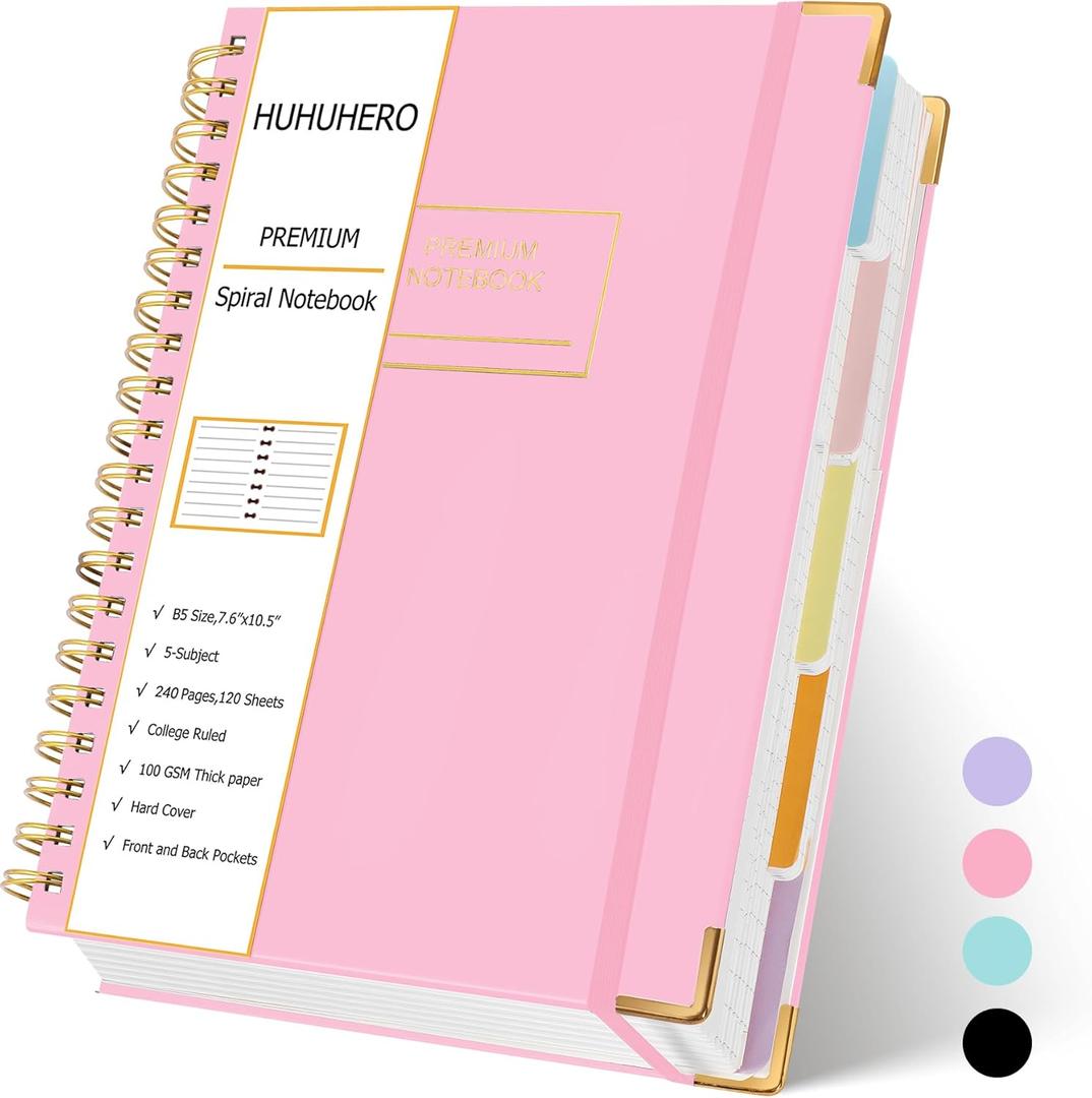 Huhuhero 5 Subject Notebook with Dividers, 240 Pages Pink Spiral Journal College Ruled, B5 Aesthetic Writing Journals for Women, Hardcover Notebooks for Work Note Taking, College Essentials (7.6x10.5)