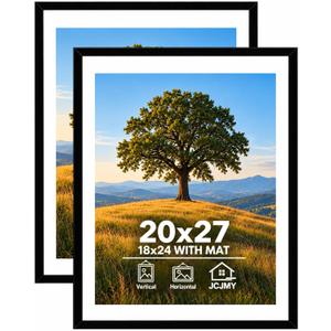 JCJMY 20x27 Picture Frame Set of 2 with 18x24 Mat, Black 20 x 27 Poster Frames with Shatter Resistant Plexiglass, Display 18 x 24 with Mat or 20 by 27 Without Mat, Sturdy Wall Hanging Frames