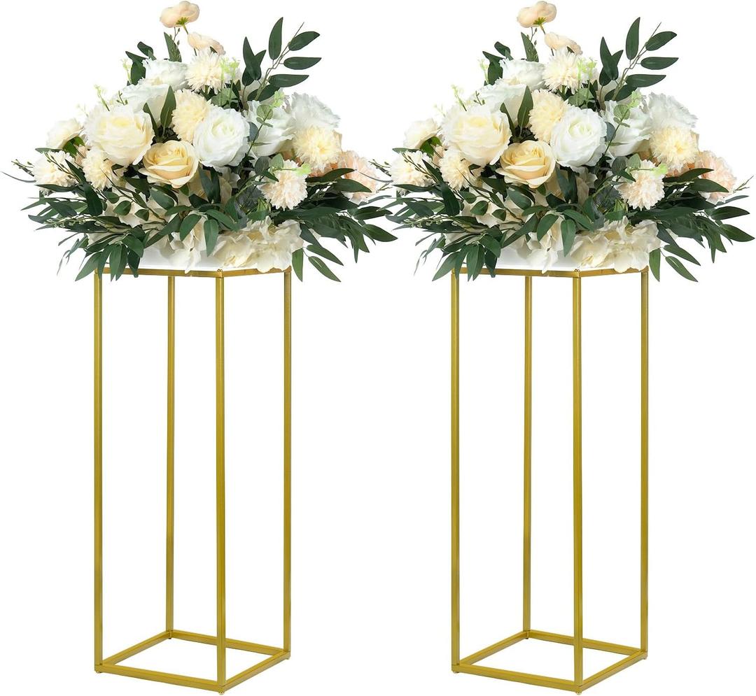 YALLOVE 2 Pack 23.75 Inch Gold Wedding Flower Stand Metal Vase Column Stand Geometric Centerpiece Vase for Home Party Wedding Decorations, Rectangular Flower Display Rack