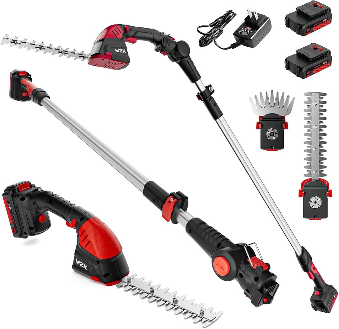 MZK 2-in-1 20V Pole Mini Hedge Trimmer & Grass Shear, 13ft Reach, Electric Hedge Trimmer with Extension Pole, Multi-Angle,Used in Garden,Yard(2*Batteries and Charger Included)