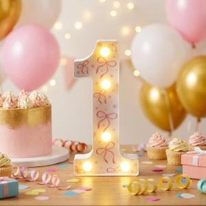 Retisee Pink Bow Light up Number 1, Cute Bow LED Birthday Light up Sign Decorations, 8.6'' Glowing Number for Girls Women Pink Bows Themed Events Room Coquette Party Decor