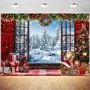 7x5ft Christmas Backdrop Winter Snowy Forest Window Wonderland Photography Background Merry Xmas New Year Eve Family Party Banner Decorations Supplies Photo Booth Props