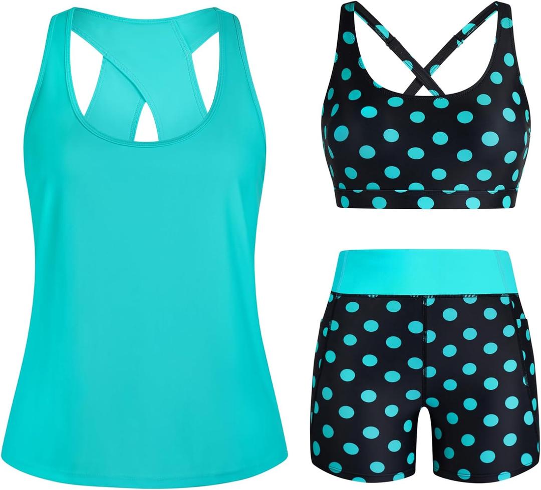 HUSKARY 3 Piece Tankini Swimsuits for Women Swim Tank Top with Bra and High Waist Boy Shorts with Pockets (Medium, Lake Green Polka Dots)