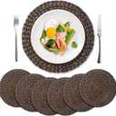 6 Pack, Round Woven Placemats, Natural Water Hyacinth Wicker Place mats, Braided Straw Table Mats for Dining Table, Fall, Halloween, Thanksgiving, Chrismats, Black (13.8 inch)
