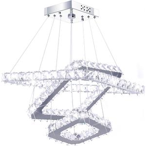 Crystal Chandeliers Modern LED 3 Ring Chandelier Adjustable Ceiling Light Fixtures Pendant Lighting Stainless Steel Hanging Lights for Living Room Dining Room Bathroom Bedroom, Cold White (Square)