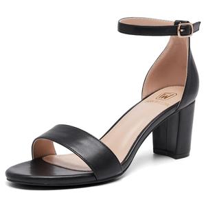 FW FRAN WILLOR Women Open Toe Low Chunky Short Black PU Heels Ankle Strap Block Heel Sandals Party Dress Wedding Pump Shoes, Size 8