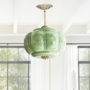 Antique Milk Glass Ceiling Light Fixture - 15 Inch Vintage Green Glass Pendant Light for Kitchen, Hallway, Bedroom, Dining Room (Green and gold)