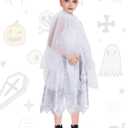 Girls Ghost Costume, 2 Pcs Dress Hooded Cape Suit for Kids Halloween Ghostly Phantom Dress Up Party 4-12 Years