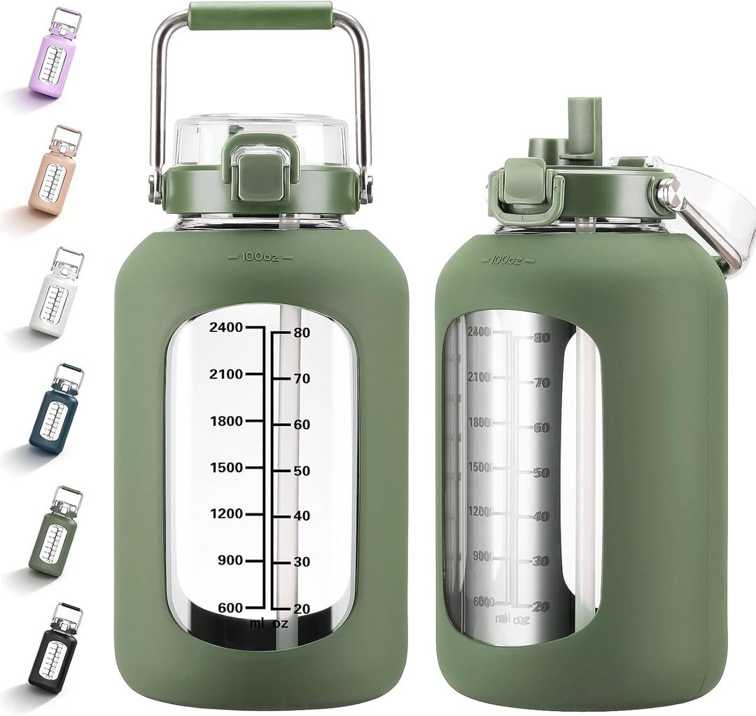 MUKOKO 100oz Glass Water Bottle with Time Marker and Silicone Sleeve 3L Large Water Jug with Stainless Steel Handle Gallon Drinking Bottle with 2-in-1 Lid Wide Mouth BPA Free, Oliver