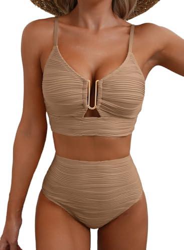 Herseas 2 Piece Bikini Set U-Wire Cutout Popular Swimsuit High Waisted Textured 2026 Summer Beach Swim Bathing Suits, Medium