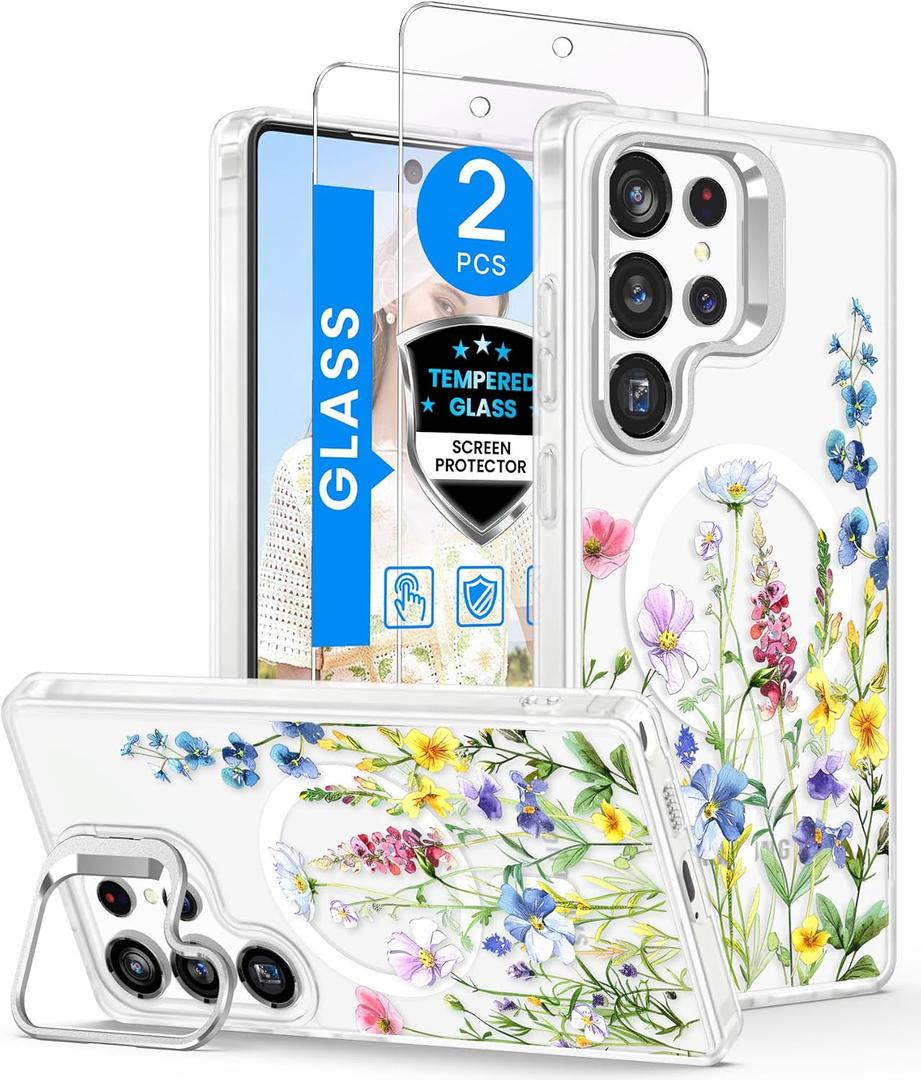 Dretal Magnetic for Samsung Galaxy S26 Ultra Case Floral,Screen Protector,Built-in Lens Ring Stand,Translucent Matte Magnetic Shockproof Flower Pattern Cover for Women Girls,Galaxy S26 Ultra(Florets)