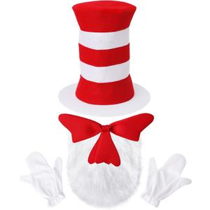 5 Pcs Cat Hat Costume Accessories,Red White Striped Cat Hats/Red Bow/White Furry/White Gloves,Halloween Costume Cosplay