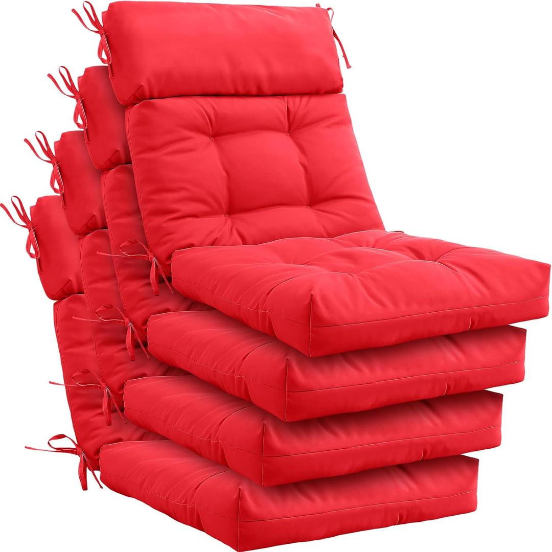 Barydat 4 Pack High Back Chair Cushion Indoor Outdoor Tufted Seat and Back Chair Rocking Pads Lounge Porch Seat Cushion with Ties for Patio Furniture, 43.4 x 21 x 3.3 Inch (Red)