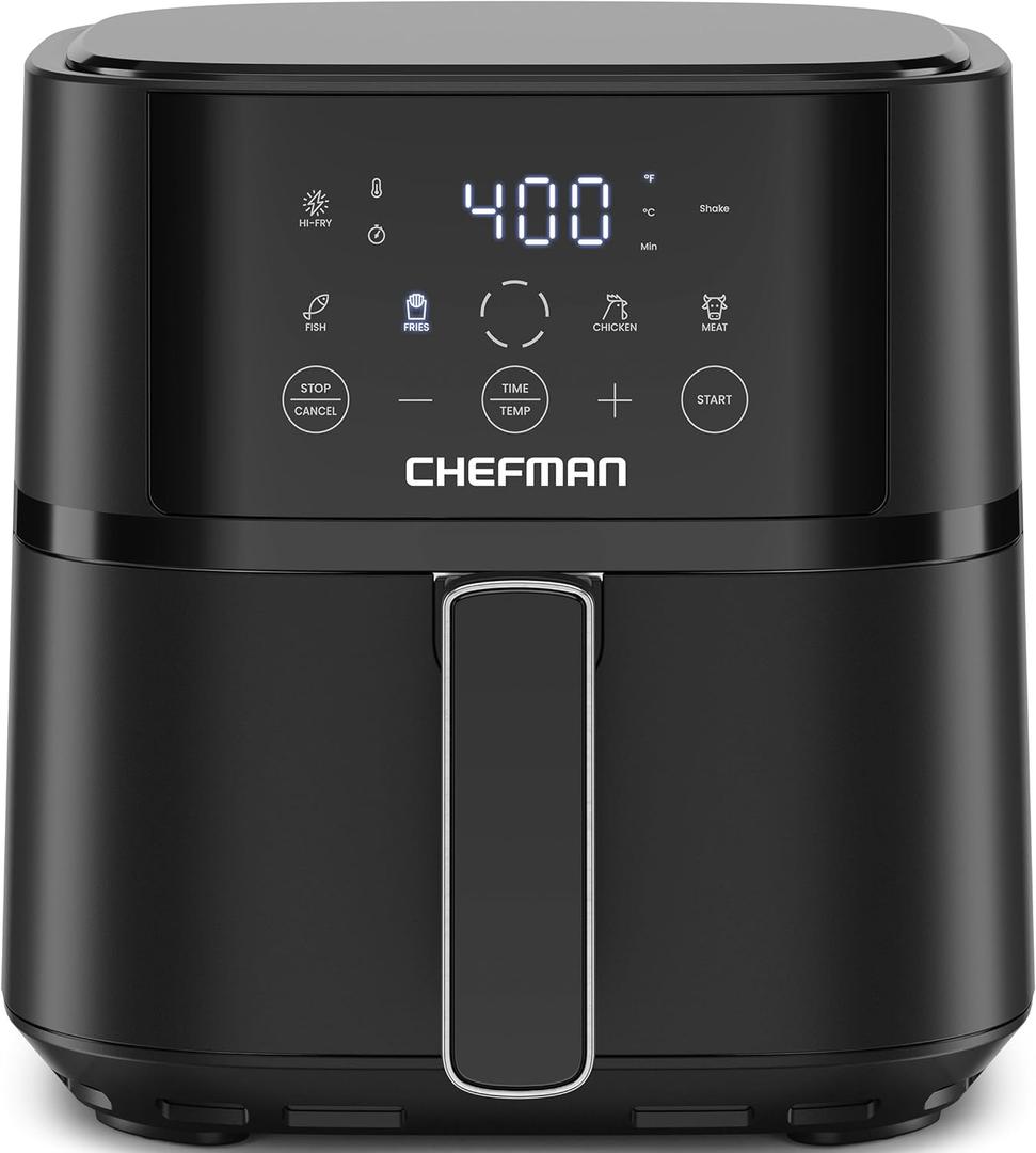 Chefman Air Fryer 4 QT Compact Airfryer for Quick & Easy Meals in Minutes, Features Hi-Fry Technology for Extra Crisp, Touchscreen Controls with 4 Presets, Nonstick & Dishwasher Safe Basket - Black, 4 Quart Without Easy View Window
