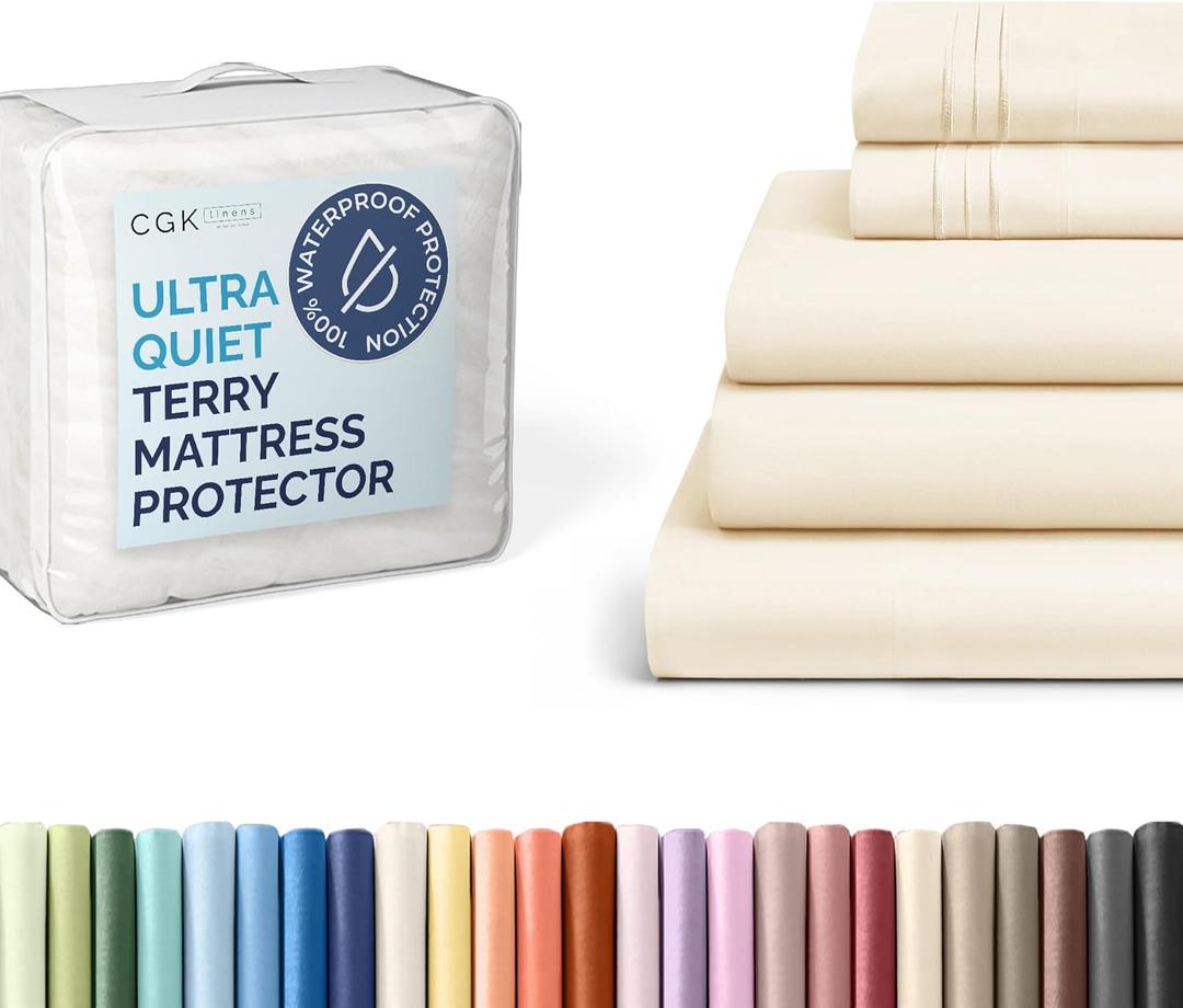 CGK Unlimited Split King Size 5 Piece Cream Sheet Set + Split King Size Terry Mattress Protector
